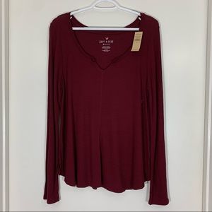 NWT AEO burgundy vneck soft & sexy waffle tee LARGE